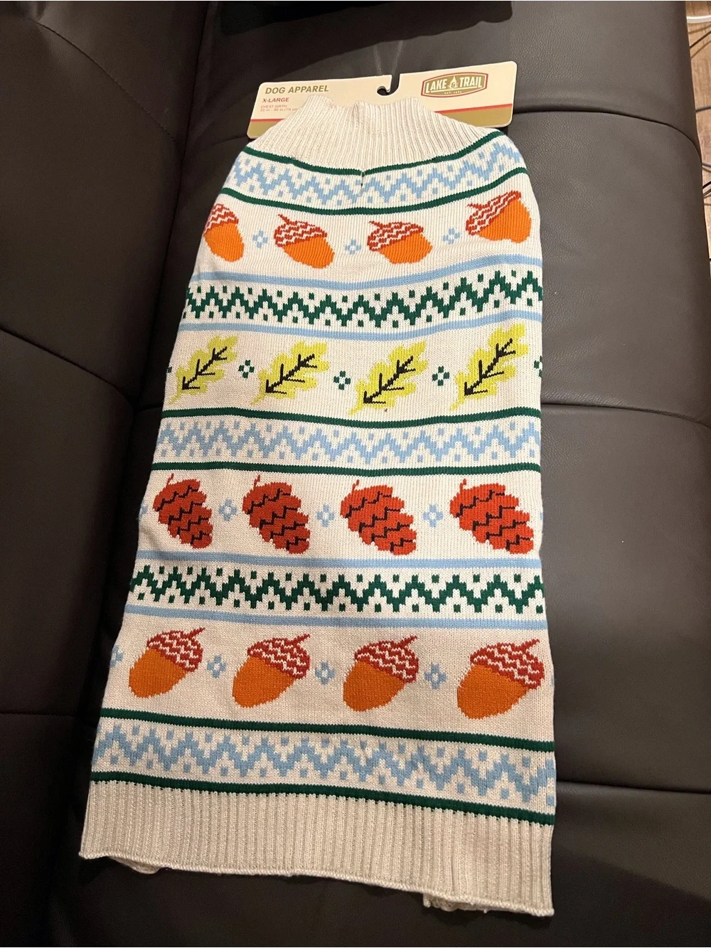 Lake + Trail Cream Holiday Knit Dog Sweater with Acorn & Pinecone Motif